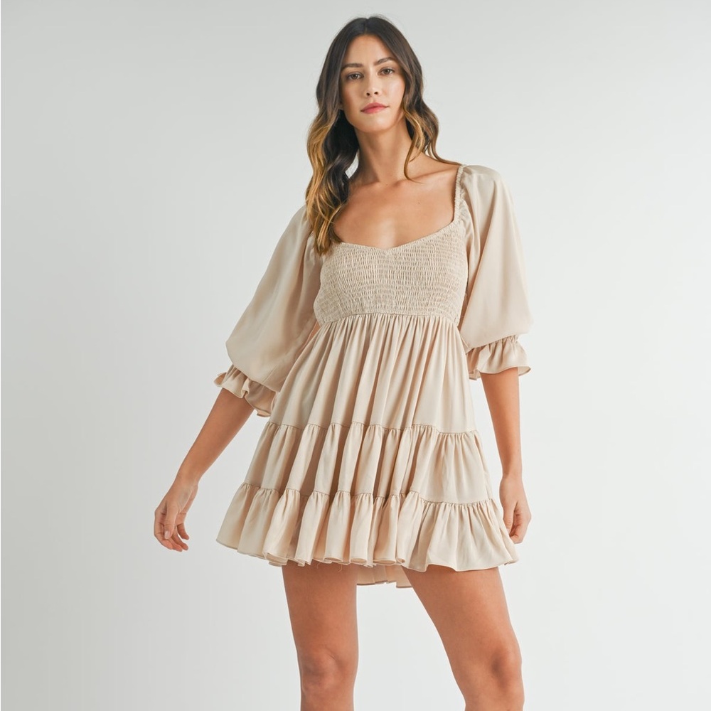 MABLE Size S Ruffle Mini Dress Beige Champagne Emory Smocked SummerDress Women